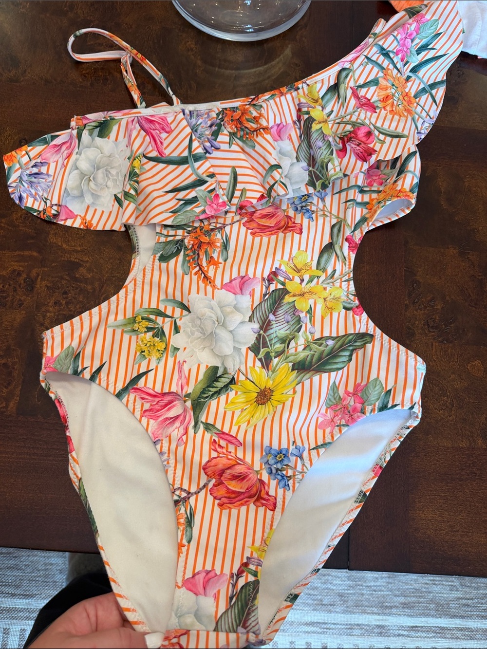 Mayoral Orange-Striped Floral One-Shoulder Swimsuit